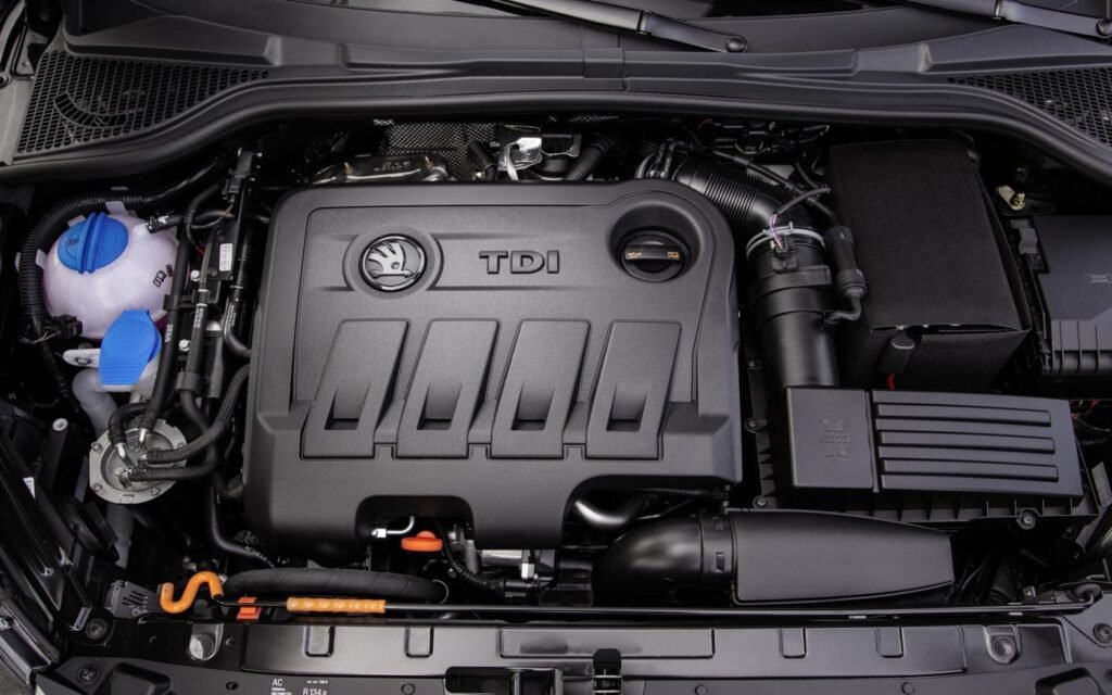 the engine bay of a Skoda Yeti, specifically featuring a TDI (Turbocharged Direct Injection) diesel engine.