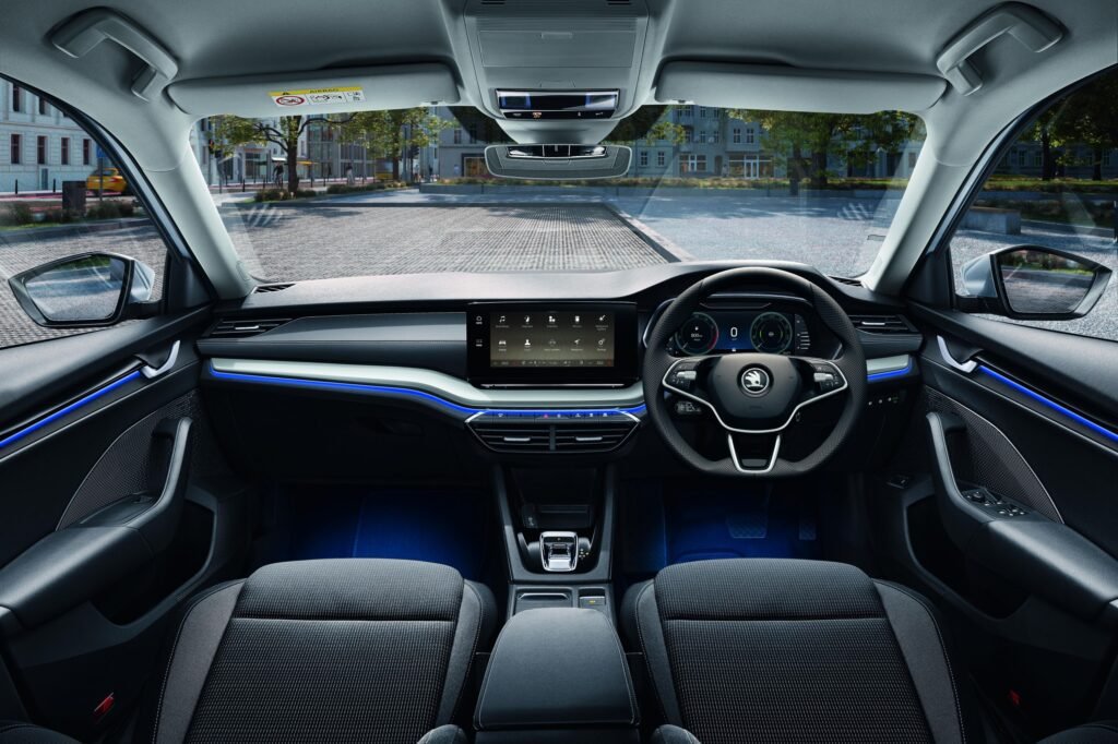 shows the interior of a Škoda Octavia, specifically a Style variant, known for its upmarket look and feel.