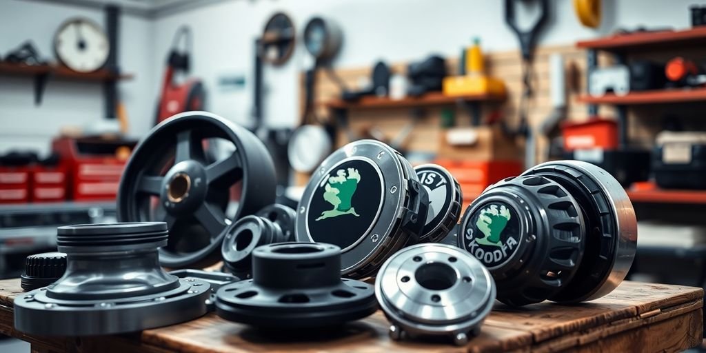 Quality Skoda spare parts on a workbench in garage.