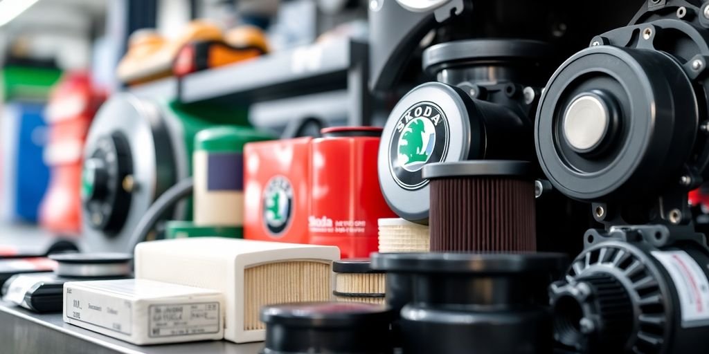Close-up of quality Skoda auto parts on display.