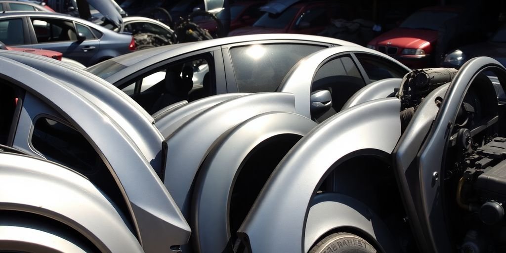 Skoda car parts in auto wrecker yard.