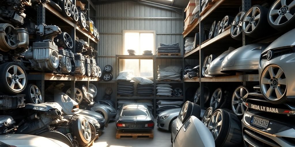 Used Skoda parts neatly organized in a Newcastle dismantler's yard.