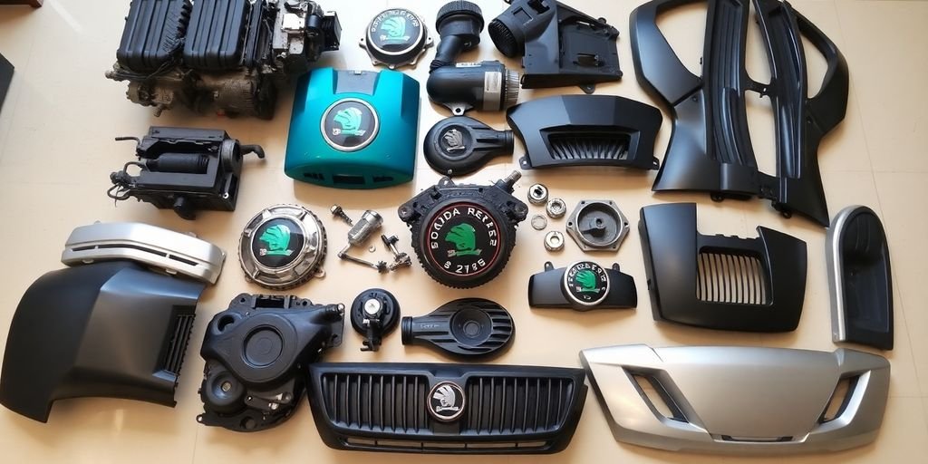 Skoda car parts laid out neatly.