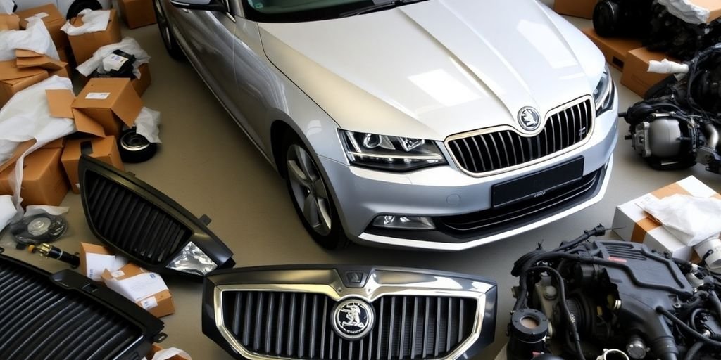 Skoda Superb car with various spare parts laid out.