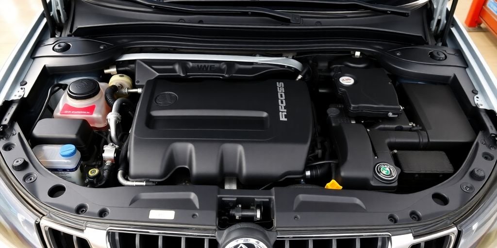 Skoda car engine with gleaming spare parts.