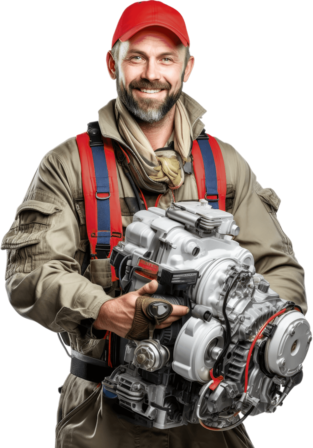 a person holding a large engine