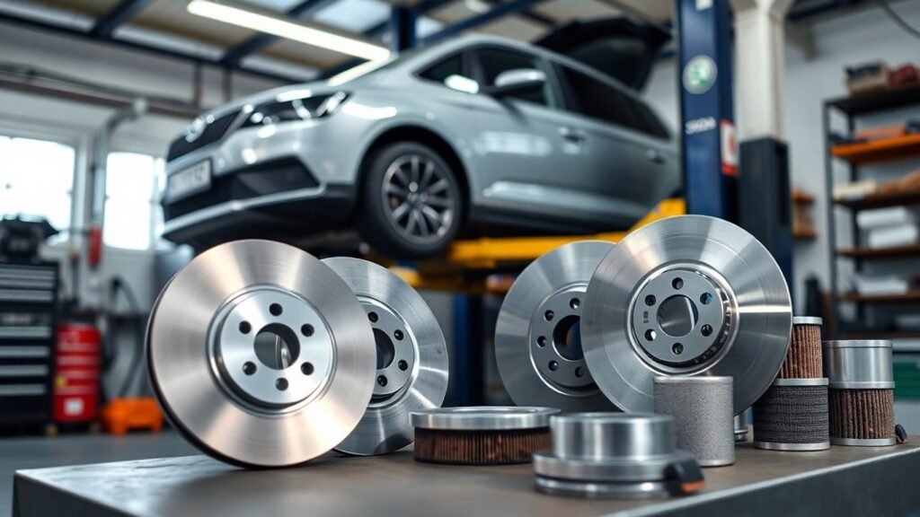 Skoda car parts and vehicle in a workshop.