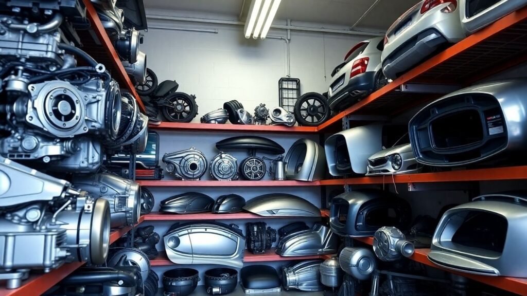 Skoda car parts in a garage