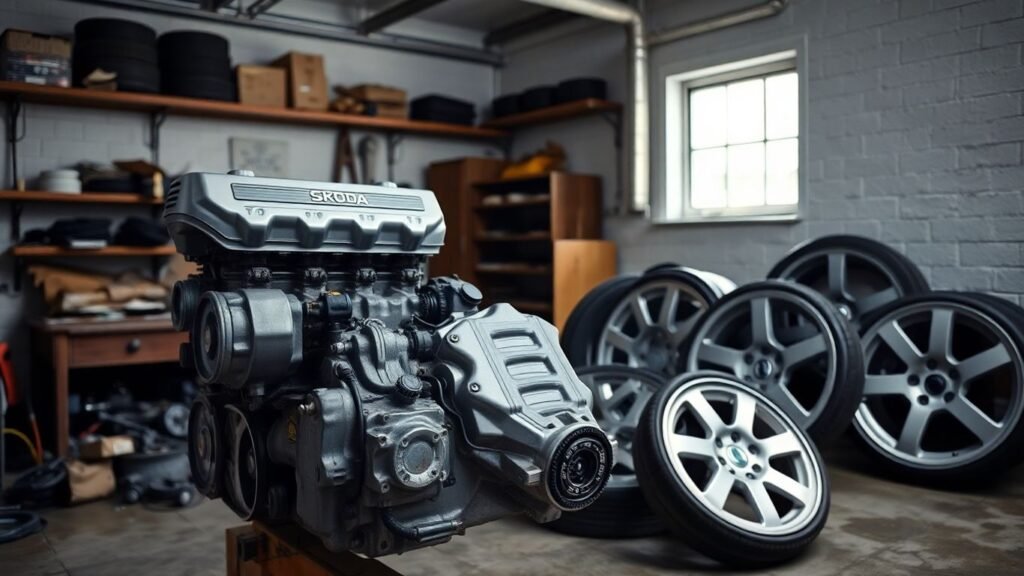 Skoda car parts arranged for a project