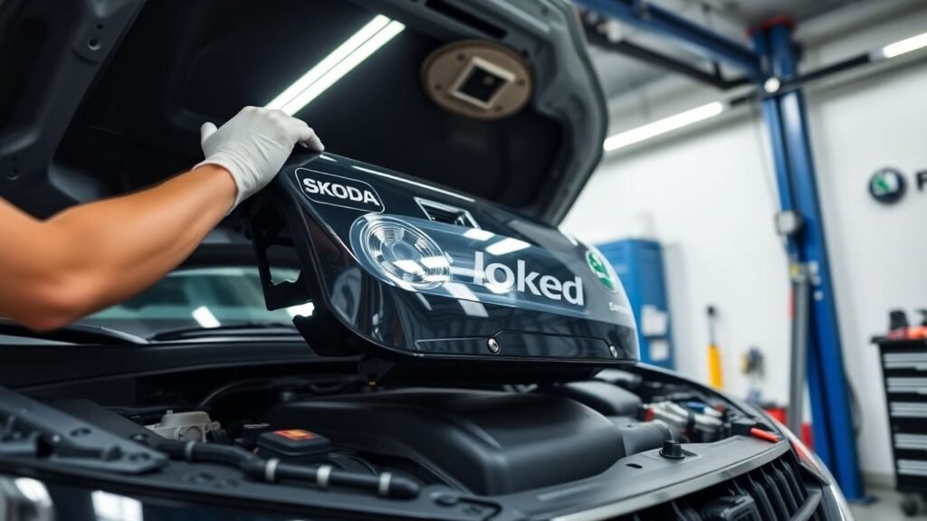 Mechanic installing new Skoda car part in engine.