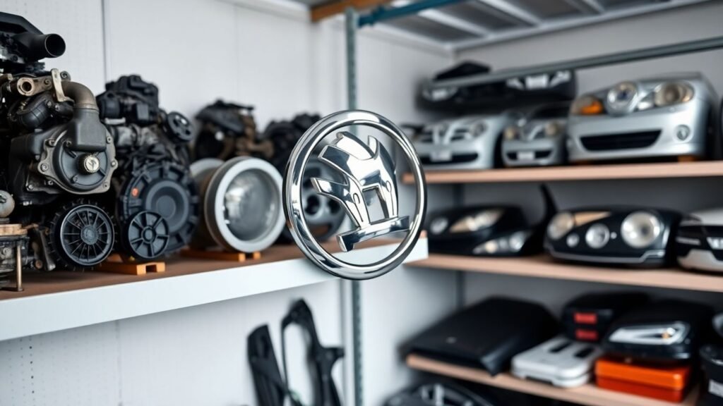 Skoda used car parts displayed in a garage.
