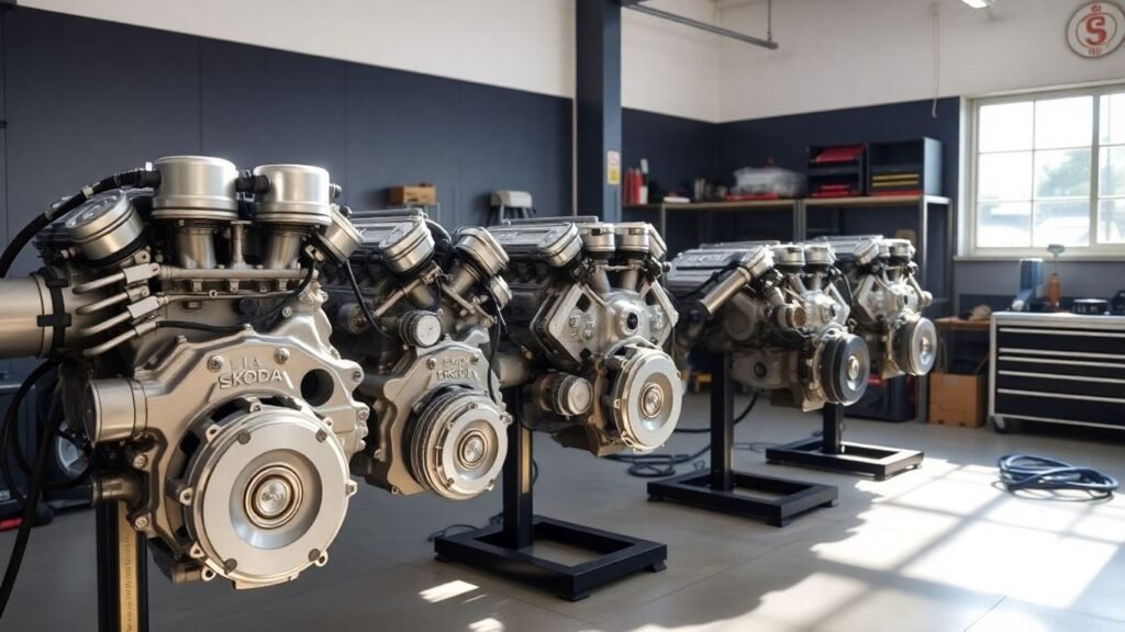 Skoda engines for sale in a garage.
