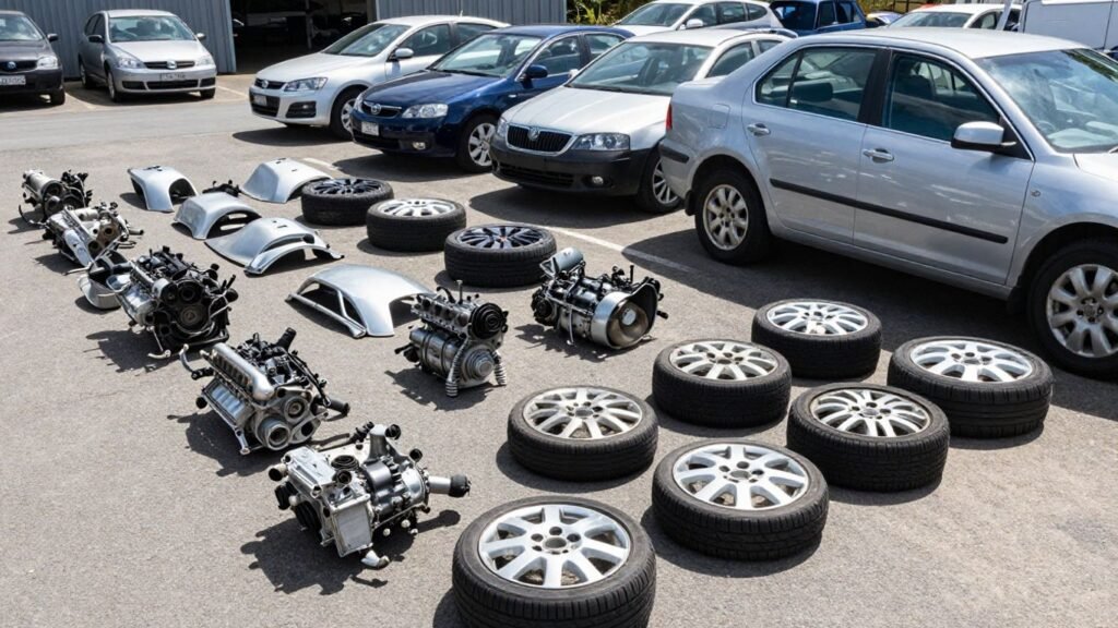 Skoda car parts at a Hobart wrecking yard.