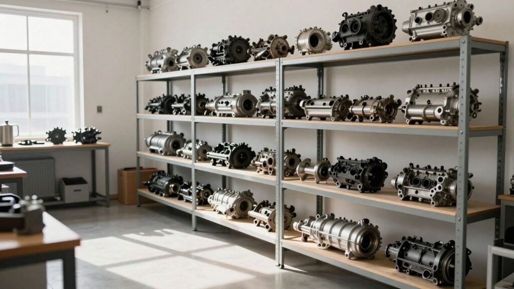 Skoda car engines and transmissions in a workshop.