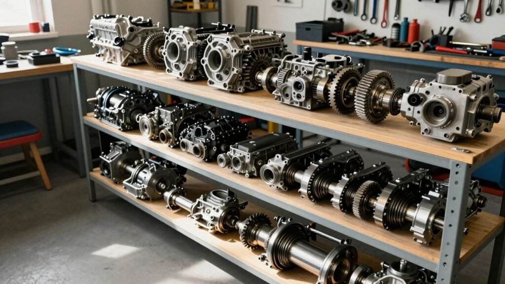 Skoda engines and gearboxes in a workshop.