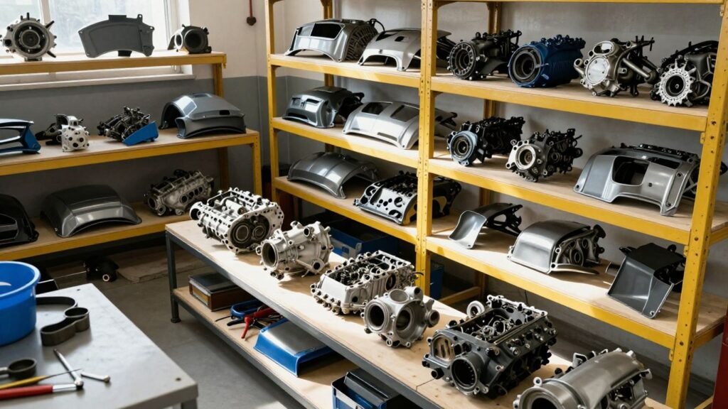 Skoda car parts in a workshop