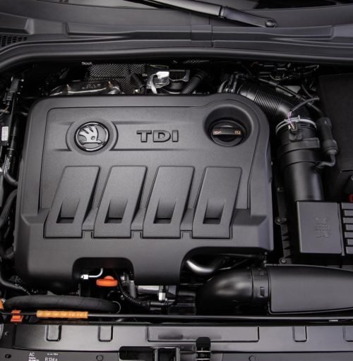 the engine bay of a Skoda Yeti, specifically featuring a TDI (Turbocharged Direct Injection) diesel engine.