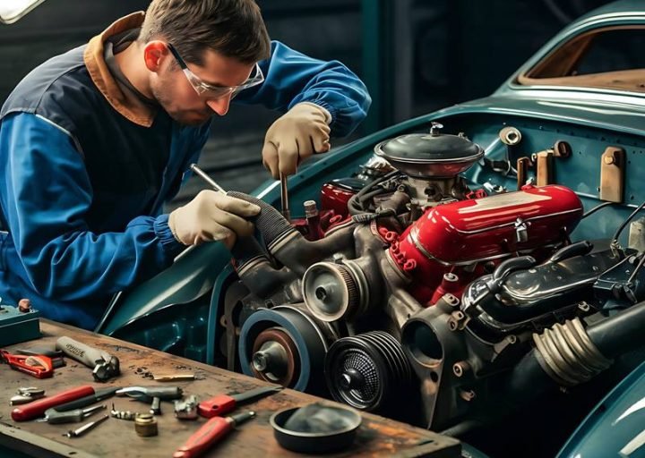 a mechanic working on a car engine a mechanic working on a car engine